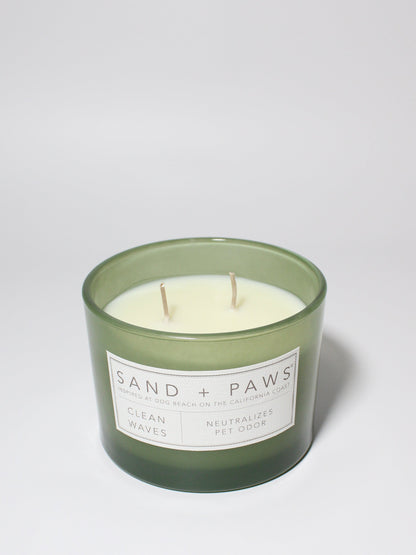 Sand + Paws Clean Waves 12 oz scented candle Kale vessel with Golden Doodle painted lid