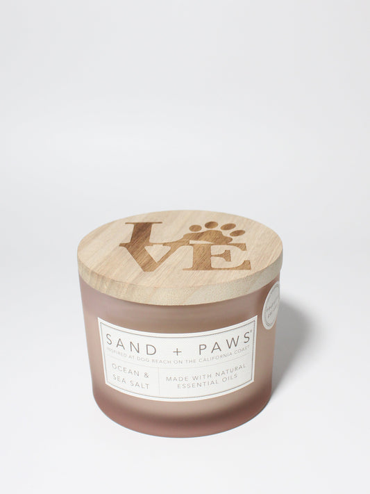 Sand + Paws Ocean & Sea Salt 12 oz scented candle White Vessel with Carved LOVE Lid
