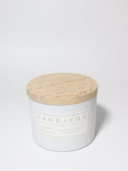 California Beach House 12 oz scented candle White vessel with Carved Mandala lid