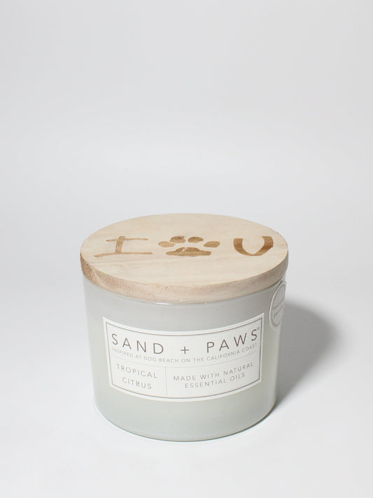 Sand + Paws Tropical Citrus 12 oz scented candle White vessel with I PAW YOU carved lid
