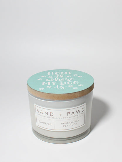 Sand + Paws Gardenia 12 oz scented candle White Vessel with Painted Home is Where my Dog Is lid