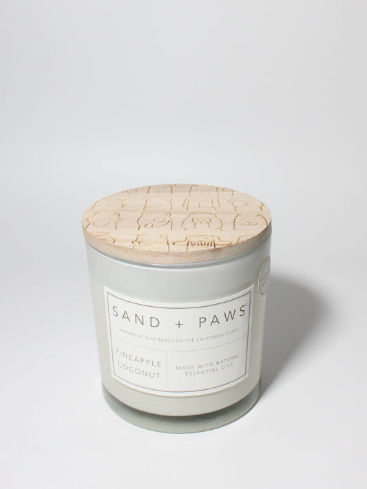 Sand + Paws Pineapple Coconut 21 oz scented candle White vessel with Multi-Breed carved wood lid